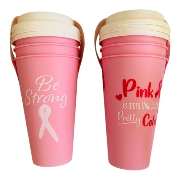 6pc pink Breast Cancer Awareness reusable lidded to-go microwaveable coffee cups - Picture 3 of 9